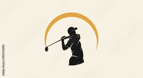 Golfer Swinging Club Silhouette Against Golden Arc
