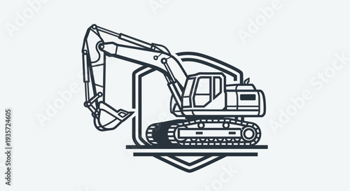 Excavator construction vehicle line art icon with shield emblem