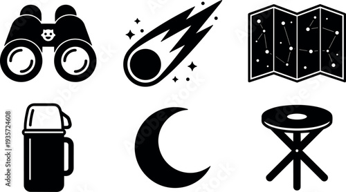 Flat design camping icons set binoculars comet constellation map thermos crescent moon folding stool for night outdoor exploration minimalist silhouette