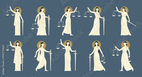 Justice Symbol Set: Lady Justice Illustrations with Scales and Sword