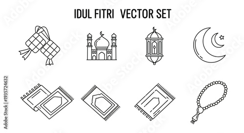 Islamic Eid Symbols and Icons Set.