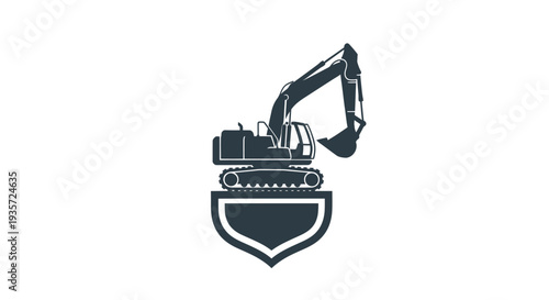 Excavator Icon on Shield Symbol, Construction and Engineering Emblem