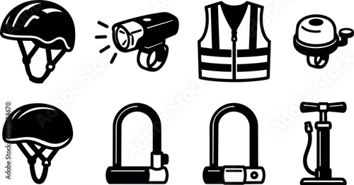 Line art bicycle safety icon set close up helmet light vest bell locks pump minimalist vector illustration black isolated flat