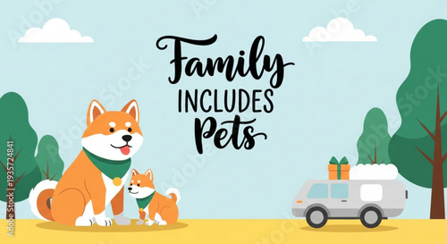 Family with pets on vacation camping trip with dog and puppy beside camper van