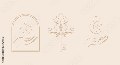 Esoteric Symbols: Hand Holding Constellation, Lotus Key, Crescent Moon and Stars