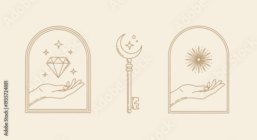 Esoteric Symbols: Hand Holding Diamond, Crescent Moon Key, Hand Holding Starburst