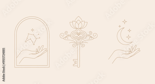 Mystical line art icons: hand holding constellation, ornate key, hand holding moon and stars
