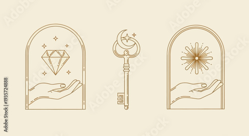 Esoteric Symbols: Hand Holding Diamond, Mystical Key, Hand Holding Sun