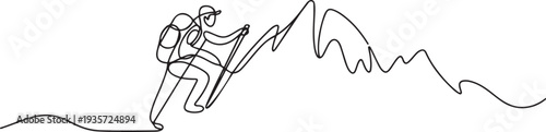Single one line drawing a man who likes climbing mountains. Travel, vacation, holidays and adventure. Mountain landscape.one line vector illustration with white background