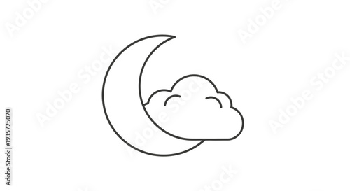 Simple Line Drawing of Sleeping Cloud on Crescent Moon.