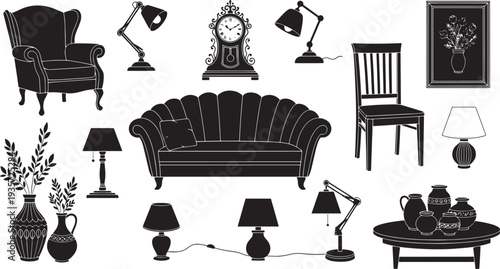 Illustration of a serene living room scene featuring furniture and lamps from various viewpoints