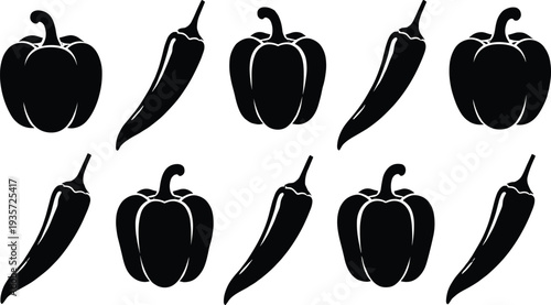 Black bell pepper and chili pepper silhouettes pattern set isolated on light background, spicy vegetable icons for cooking, organic food illustration, kitchen design elements