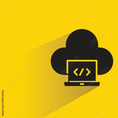coding on cloud icon with shadow on yellow background