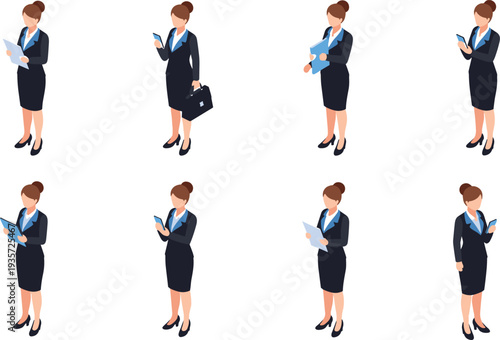 Isometric businesswoman vector set with professional poses, office activities, documents, smartphone, briefcase, folders for corporate design and business presentations
