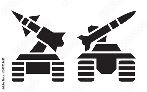 Military Rocket Launcher Vehicle Front View Silhouette Vector Icon Set