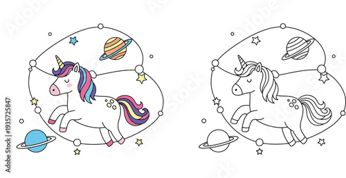 Cute Cartoon Unicorn Flying Through Space with Planets and Stars - Celestial Fantasy