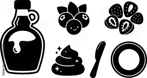 Flat design breakfast icon set maple syrup blueberries strawberries whipped cream butter knife plate vector black silhouette top view simple
