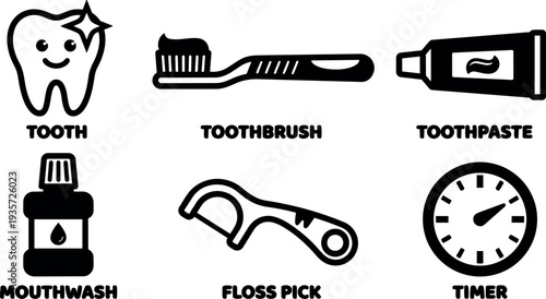 Flat design dental hygiene icon set teeth toothbrush toothpaste floss pick mouthwash and two minute timer in minimal black style