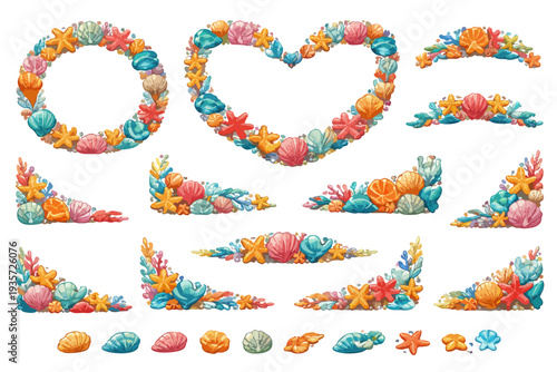Collection of summer heart frames and banners featuring colorful coral reefs and seashell decorations