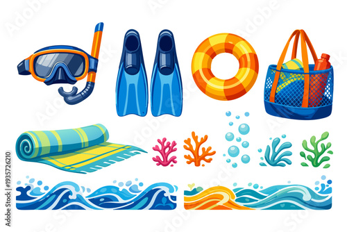 Collection of summer snorkeling and beach equipment icons featuring diving mask, snorkel, flippers, lifebuoy, beach bag, coral, towel and water waves