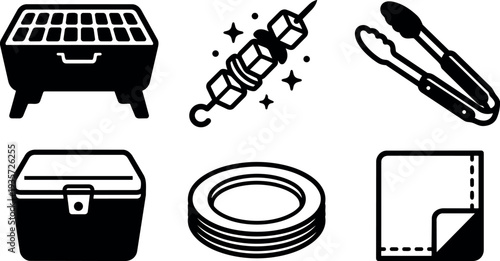 Flat design barbecue icon set close up grill skewer tongs cooler plates napkin top view simple bold vector monochrome icons