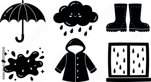 Flat design rainy day icons umbrella cloud raincoat boots puddle window smiling cloud simple vector set for weather minimal black