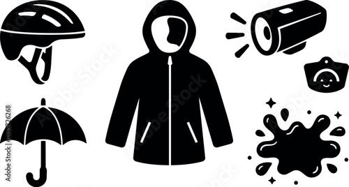 Flat design waterproof rain jacket hoodie helmet umbrella megaphone splash and baby bib icons set black silhouettes minimal isolated vector
