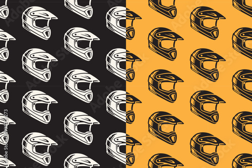 Motocross helmet retro seamless pattern on black yellow background set for merchandise. Dirt bike full face helmet vintage pattern background. Off road racing helmet illustration motif wallpaper
