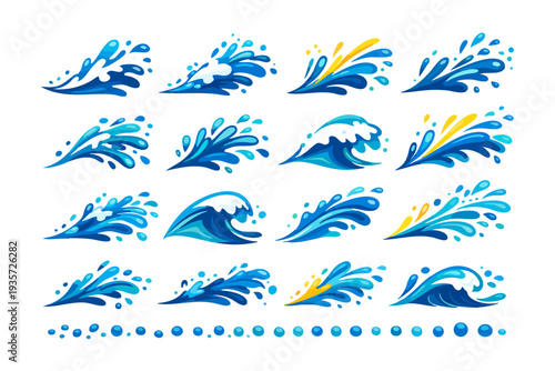 Collection of decorative water wave icons featuring stylized blue waves, splashes and swirls for summer ocean-themed designs