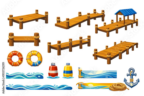 Collection of wooden dock and pier icons featuring marine platforms, jetties, lifebuoys, posts and accessories for seaside and lakefront scenes