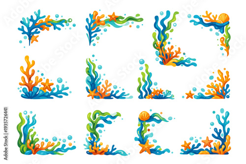 Collection of colorful coral reef pattern elements featuring corals, seaweed and marine plants for summer designs
