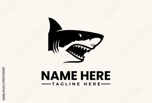 A black and white vector illustration of a shark's head with a placeholder text for a logo or brand name on a clean background.
