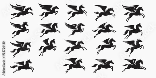 Flying black pegasus silhouettes against white background fantasy mythical creatures vector art .vector icon