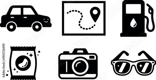 Flat design smiling car map route fuel pump camera sunglasses snack packet icon set in simple black style minimal vector