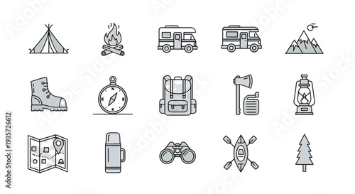 Camping and Hiking Adventure Icons Set, Minimalist Outdoor Equipment Vector Illustration