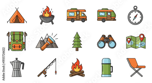 Camping and Outdoor Adventure Icon Set, Glamping Elements Vector Illustration