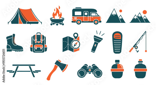 Outdoor Camping and Adventure Flat Icon Set Vector