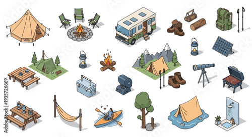 Isometric Camping and Glamping Outdoor Adventure Elements Vector Set