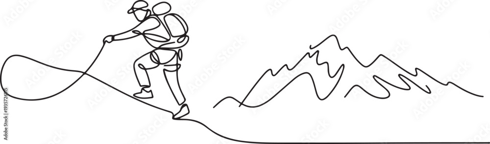 Obraz premium Single one line drawing a man who likes climbing mountains. Travel, vacation, holidays and adventure. Mountain landscape.one line vector illustration with white background