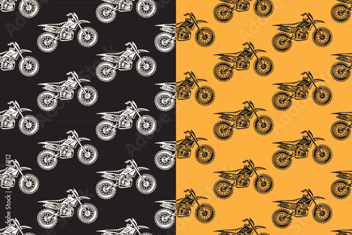 Motocross motorcycle retro seamless pattern on black yellow background set for merchandise. Off road bike vintage pattern background. Dirt bike rustic illustration motif wallpaper