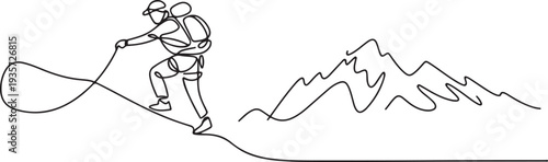 Single one line drawing a man who likes climbing mountains. Travel, vacation, holidays and adventure. Mountain landscape.one line vector illustration with white background
