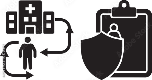 Healthcare insurance icon representing patient protection and hospital services with arrows showing connection.