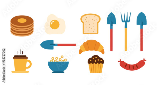 Breakfast food and gardening tools illustration