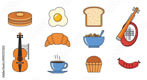Breakfast food and musical instrument vector set