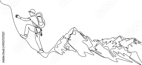 Single one line drawing a man who likes climbing mountains. Travel, vacation, holidays and adventure. Mountain landscape.one line vector illustration with white background