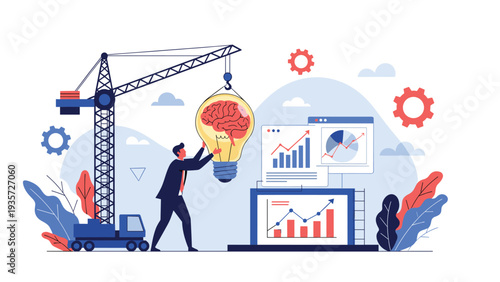 Construction of innovative ideas and intellectual development featuring a crane lifting a brain lightbulb into a business project.