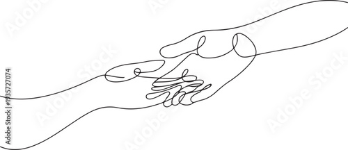 Two hands reaching out towards each other drawn by continuous one line. Single line drawing of romantic or helping concept.one line vector illustration with white background