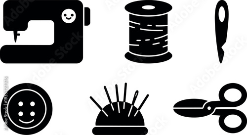 Flat design sewing icons set showing six sewing tools sewing machine spool needle button pincushion scissors minimalist clean close up