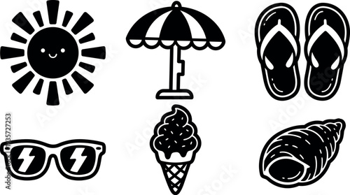 Flat design cheerful sun umbrella flip flops sunglasses ice cream and seashell icons close up top view vector illustration monochrome