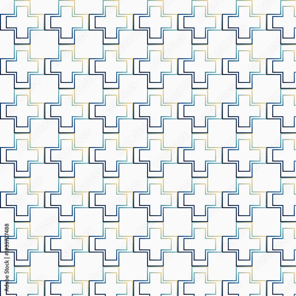Obraz premium Modern Geometric Cross Seamless Pattern – Abstract Plus Shape Line Art Background in Blue and Gold